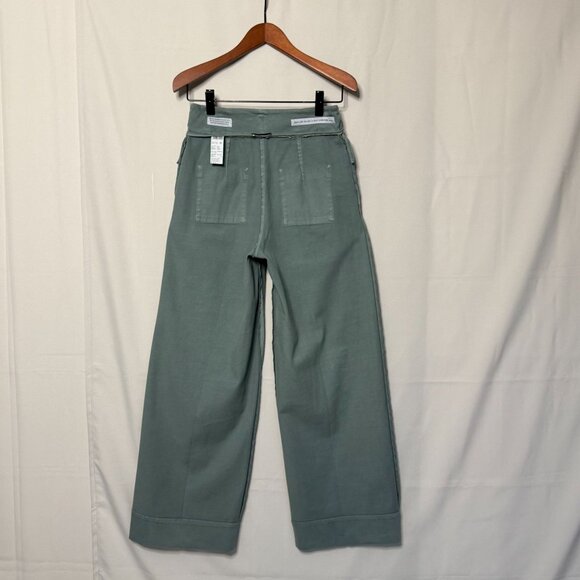 Peserico Sage Green Pleated Wide Leg Gaberdine Tan Silver Hardware Belted Pants - Picture 12 of 16
